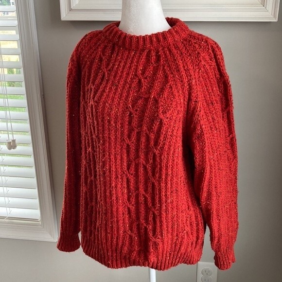 Vintage Baszio Wool Blend Orange Oversized Chunky Cableknit Sweater Medium - Picture 1 of 11